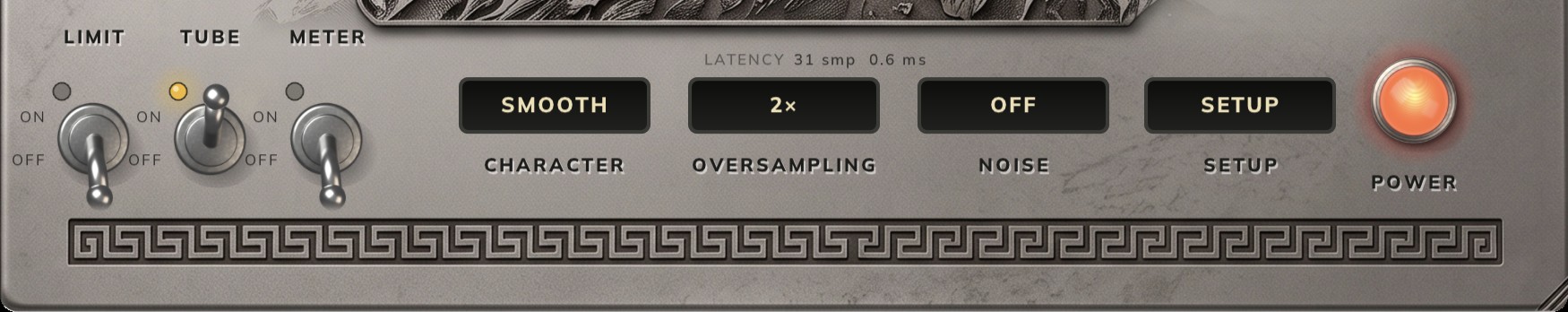 Bottom of the panel: toggles, character, oversampling, noise, SETUP, power