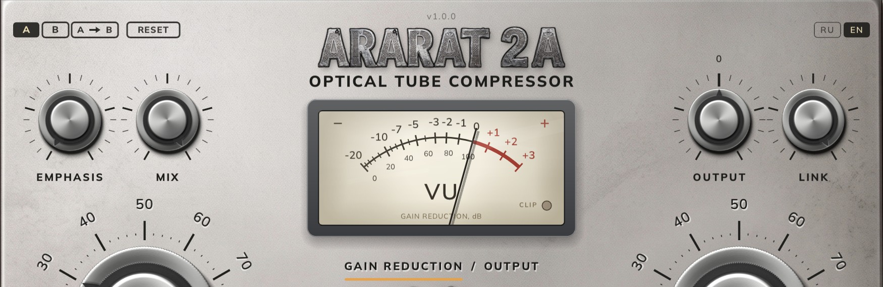 Top of the panel: A/B, emphasis, mix, the VU meter, output, link