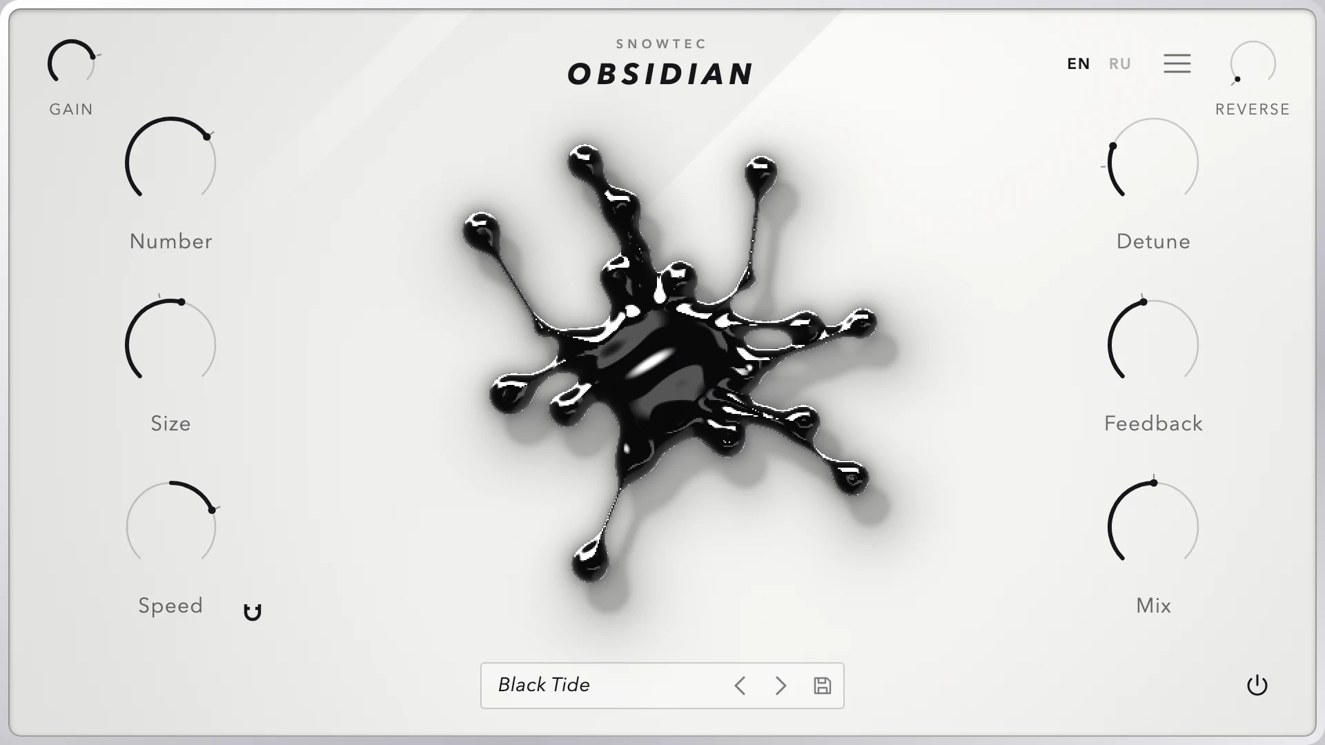 Интерфейс SnowTec OBSIDIAN: белый корпус, в центре чёрная капля жидкого металла с тяжами и каплями, слева ручки Number, Size, Speed, справа Detune, Feedback, Mix