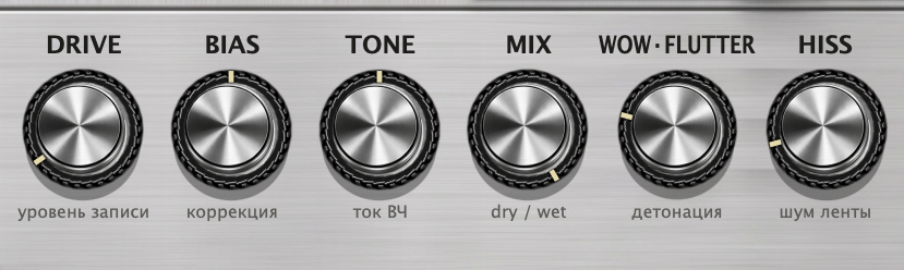 DRIVE, BIAS, TONE, MIX, WOW-FLUTTER, HISS knobs