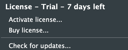 SETUP menu: license status, activation, purchase, updates