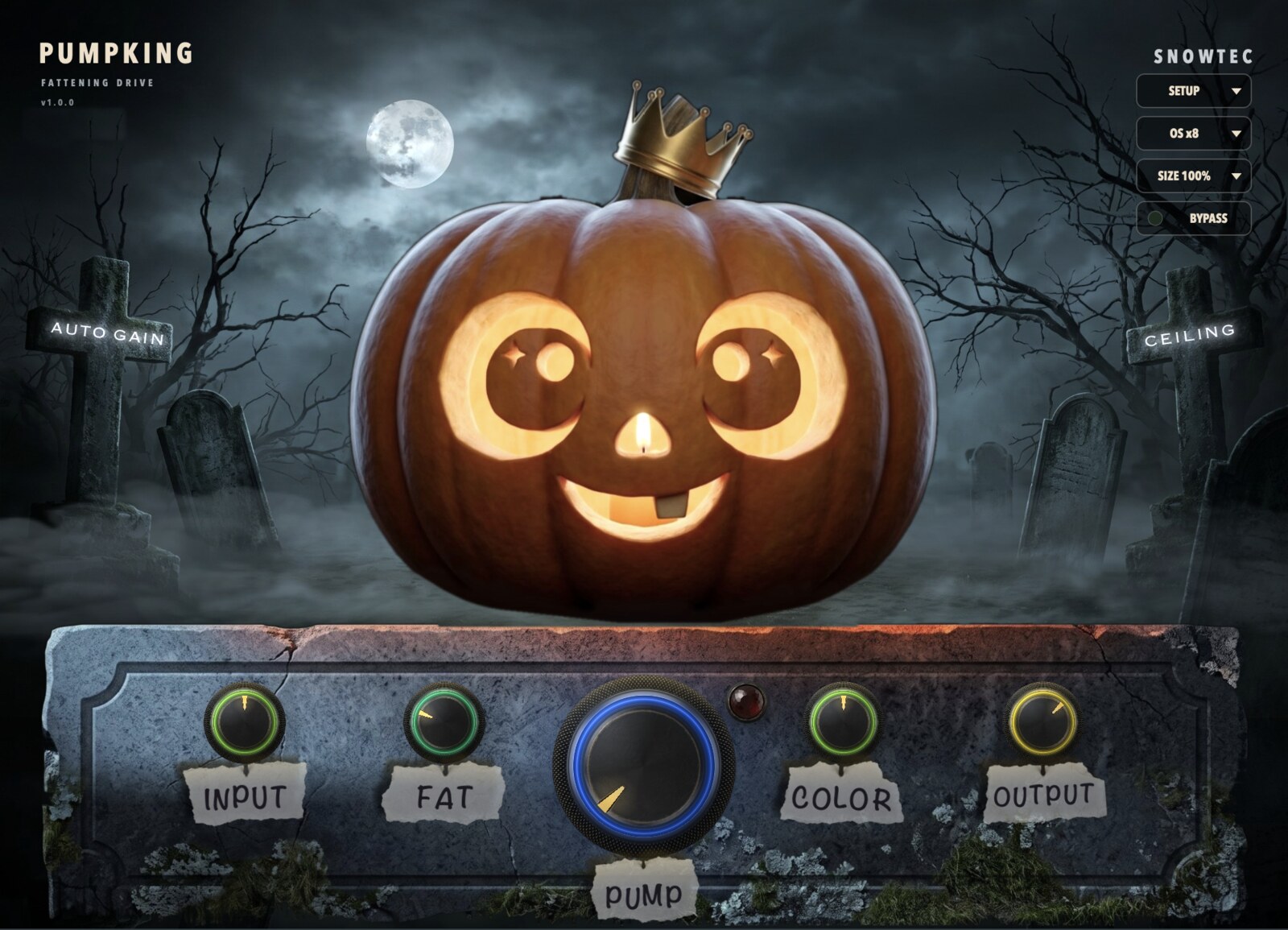 SnowTec PUMPKING — тыква в короне на кладбище, ручки на надгробной плите